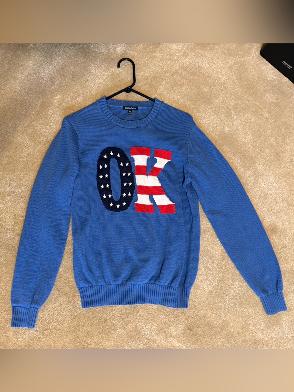State of Mine OK Blue Crewneck Sweater with USA Flag Intarsia